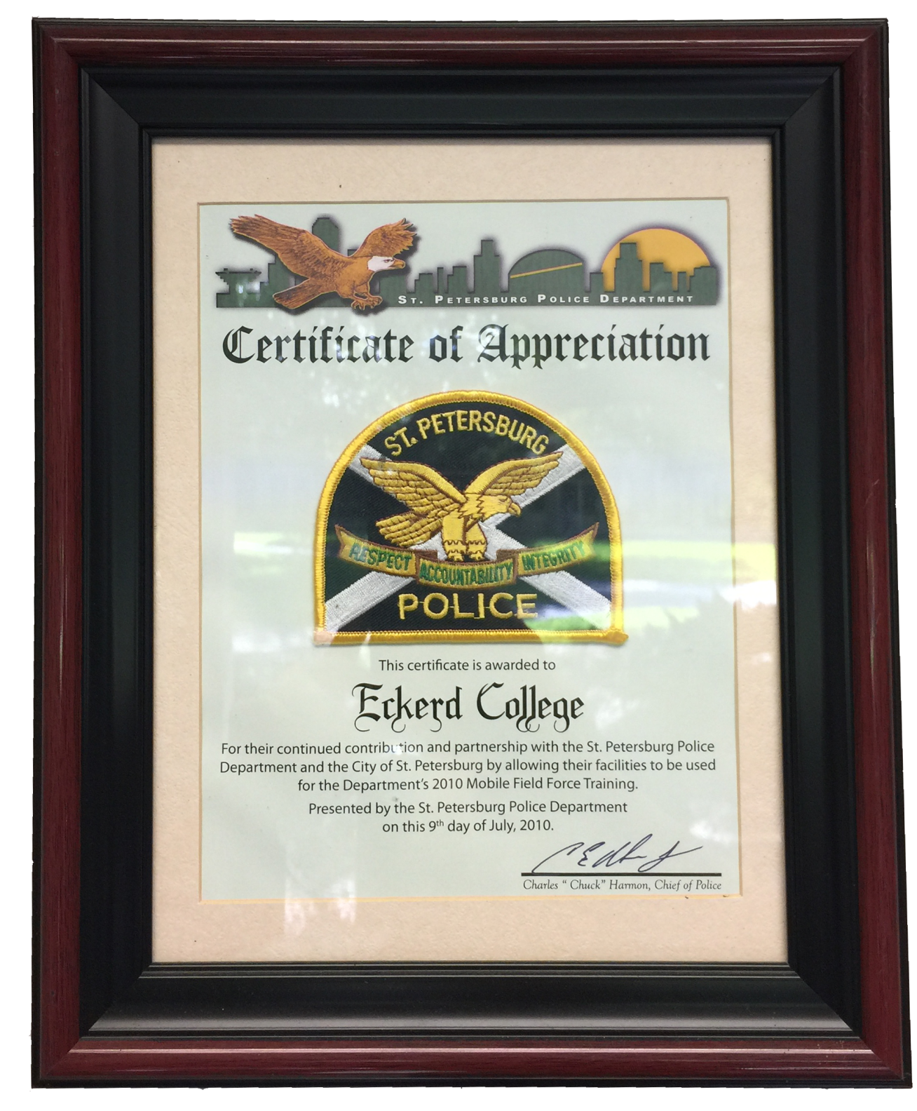 Plaque in Campus Safety office from SP Police Department